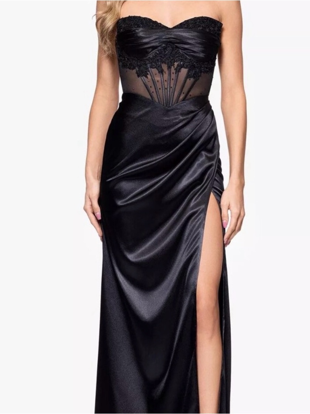 Blondie Nites Black Strapless Satin Gown with Lace (corset) Bodice